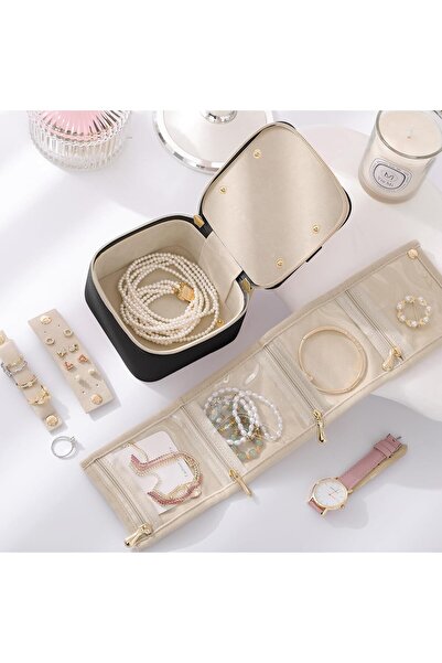 Yelajoy Travel Jewelry Case for Women - 4 Zipper PU Leather Organizer (Black)