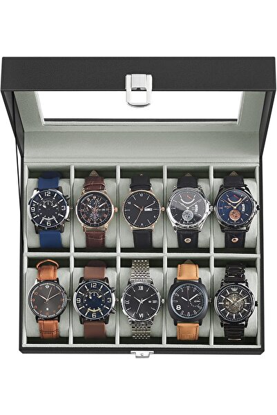 SONGMICS Watch Box with 10 Compartments, Glass Lid, Removable Cushions, Velvet Lining, Gray