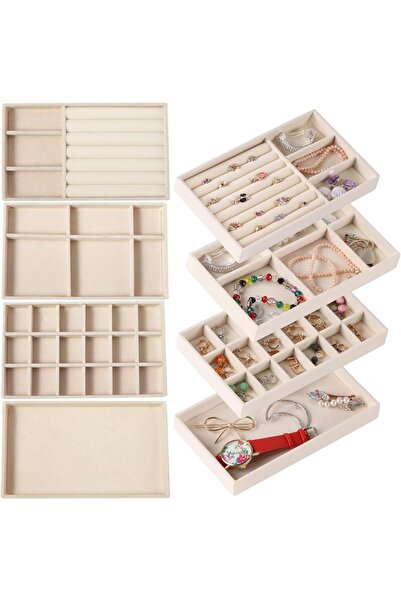 Aowin 4 Pcs Velvet Jewelry Tray Set (Beige)