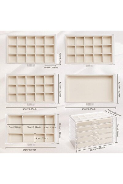 Generic 5-Drawer Acrylic Jewelry Box Organizer, Clear with Warm White Velvet Lining