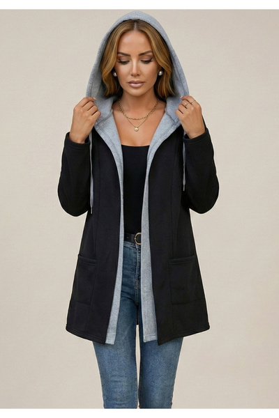 Little Visqon Kapüşonlu İki İplik Kumaş Şardonlu Uzun Hırka