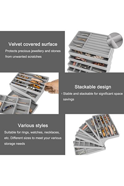 Generic 6pcs Stackable Velvet Jewelry Organizer Trays – Earring, Necklace, Bracelet & Ring Drawer Inserts