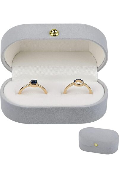 Khazna Velvet Ring Box - Oval Vintage Holder, Light Grey (Holds 2 Rings)