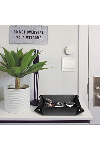 KASTWAVE Leather Valet Tray - Desk Bedside Catchall Organizer with Brass Snaps, Black