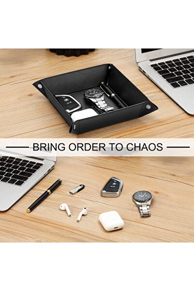 KASTWAVE Leather Valet Tray - Desk Bedside Catchall Organizer with Brass Snaps, Black