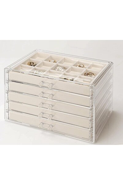 Generic 5-Drawer Acrylic Jewelry Box Organizer, Clear with Warm White Velvet Lining