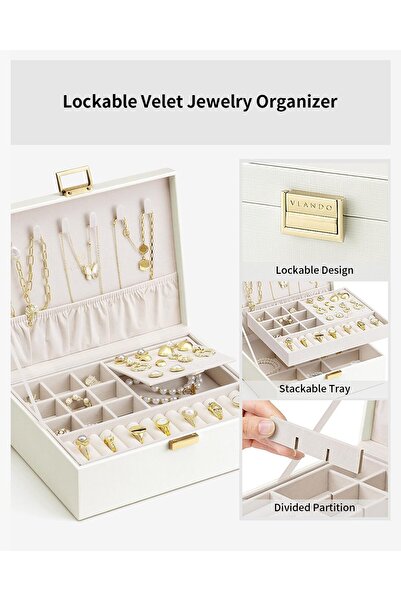 VLANDO 2 Layer Jewelry Box Large Jewelry Organizer for Women (Cream White)