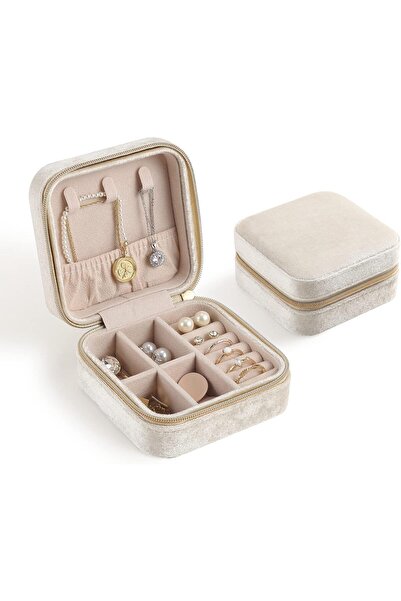 CASEGRACE حقيبة مجوهرات سفر مخملية فاخرة - صندوق مجوهرات سفر صغير للنساء (أبيض)