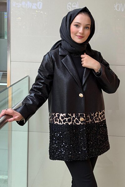Ghisa Square Patterned Leather Jacket with Sequins and Leopard Detail