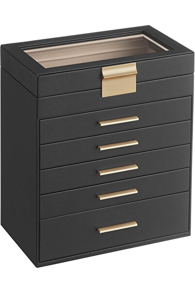 SONGMICS Jewelry Box Organizer with Glass Lid, 6-Layer, Graphite Black & Gold