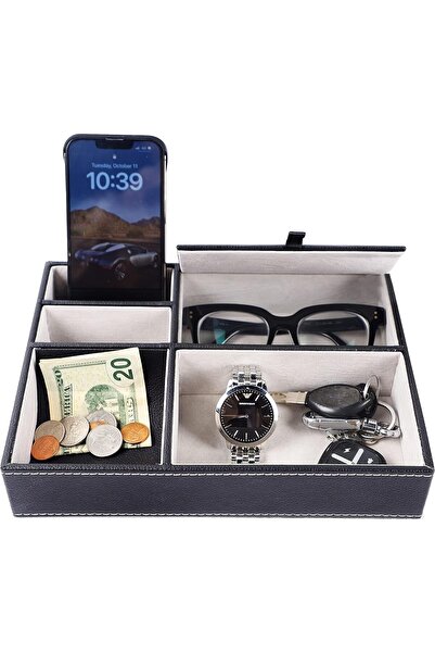 NALACAL صينية رجالية لتنظيم المجوهرات من الجلد الصناعي، مكونة من 5 أقسام (أسود)