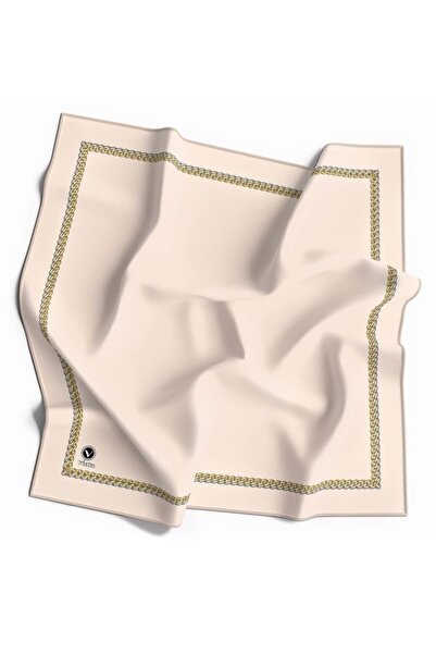 VİOLLA Kristal Kenar Motif Zincir Desenli Krem Renkli 90x90 Eşarp (İpek İçerm...