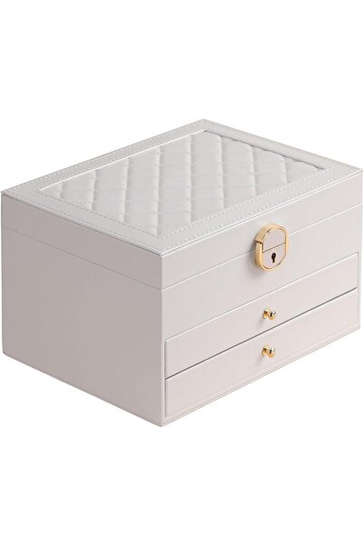 HOUSLET 3-Layer PU Leather Jewelry Box Organizer with Two Drawers (White)