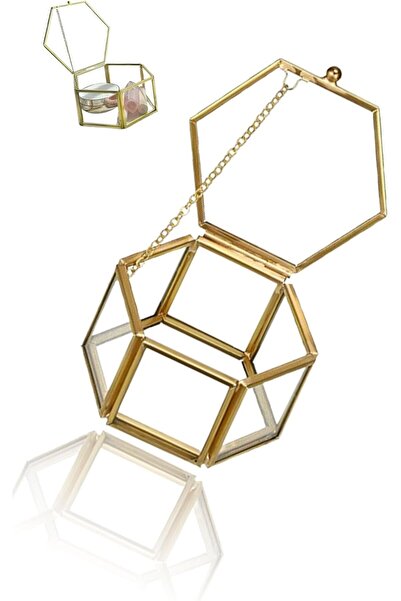 Generic Hexagon Gold Glass Jewelry Box - Vintage Keepsake for Rings, Earrings & Trinkets