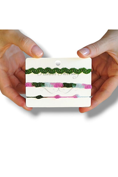 STE El Yapımı Özel Tasarım Üçlü Bileklik Seti - Çok Renkli Dantel Örgü