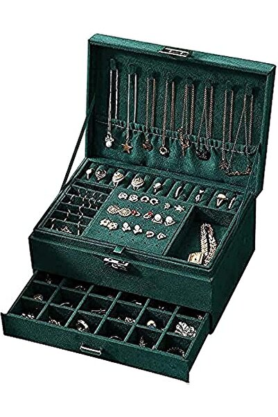 Spaceshoop صندوق مجوهرات تيريزا، حافظة مستحضرات تجميل للنساء، منظم مجوهرات مخملي بثلاث طبقات مع قفل