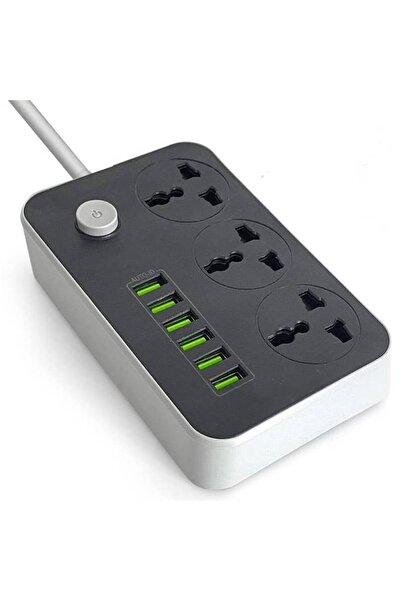 HYX شاحن USB بستة منافذ مع 3 مقابس تيار متردد - أسود/رمادي