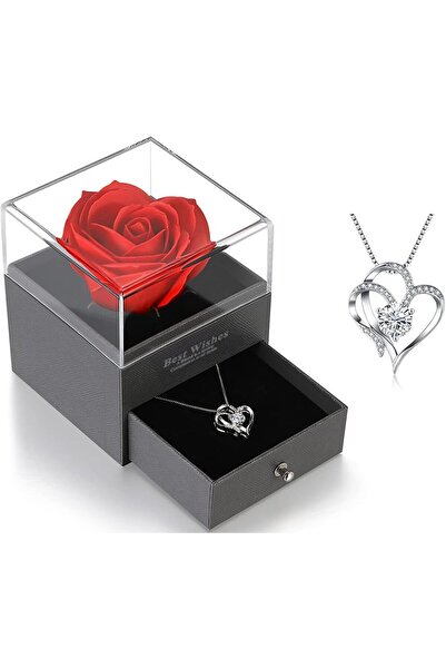 bolivia's صندوق هدايا زهرة الورد الأحمر الأبدي مع قلادة على شكل قلب، وردة دائ...