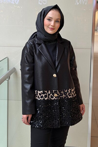 Ghisa Square Patterned Leather Jacket with Sequins and Leopard Detail