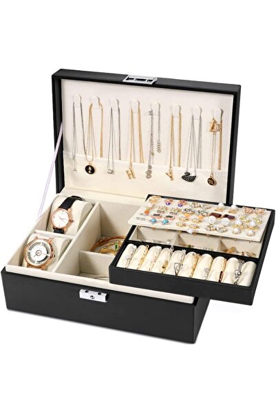 TAME صندوق مجوهرات - منظم مجوهرات من الجلد الصناعي مزدوج الطبقة مع قفل (أسود)