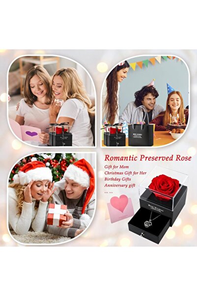 Khazna صندوق هدايا وردة حمراء محفوظة مع قلادة "أحبك"