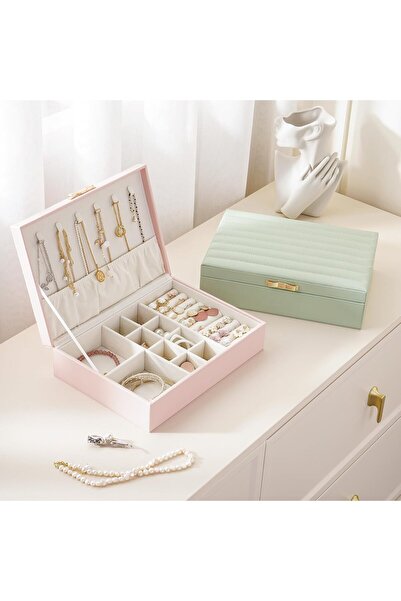 X SPRING Women's Jewelry Box Storage, Pink PU Leather Multi-Compartment