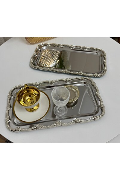 SEVA ÇELİK Stainless Steel 2 Pcs Large Baton Silver Frame Presentation Tray