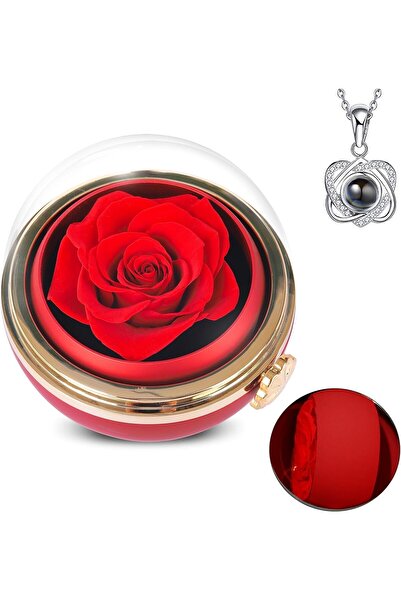 NALACAL صندوق وردة حقيقية محفوظة مع قلادة مخفية مكتوب عليها "أحبك" (أحمر)
