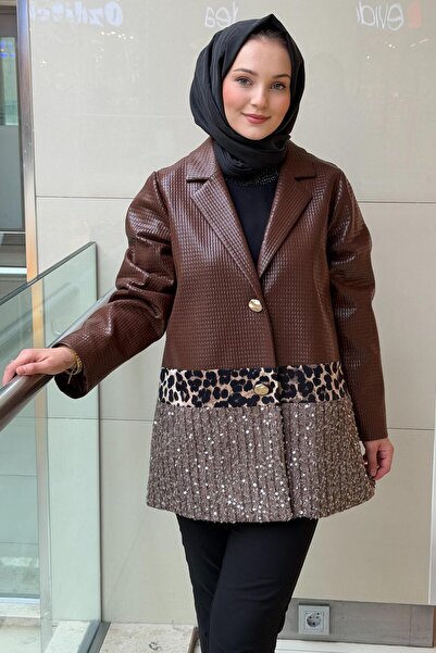 Ghisa Square Patterned Leather Jacket with Sequins and Leopard Detail