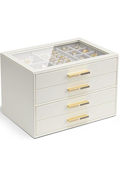 VLANDO صندوق مجوهرات من 4 طبقات مع غطاء زجاجي و4 أدراج - أبيض