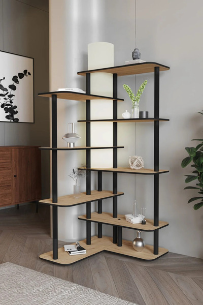 RAVILO Cross Dekoratif Raflı Kitaplık Lambader Meşe