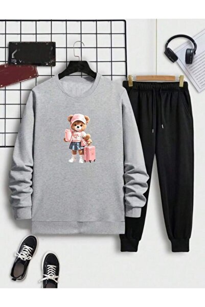 x-compass life Women/Girls Loose Fitting Zero-Necklace Sweatshirt Set with Bag Bear Printed