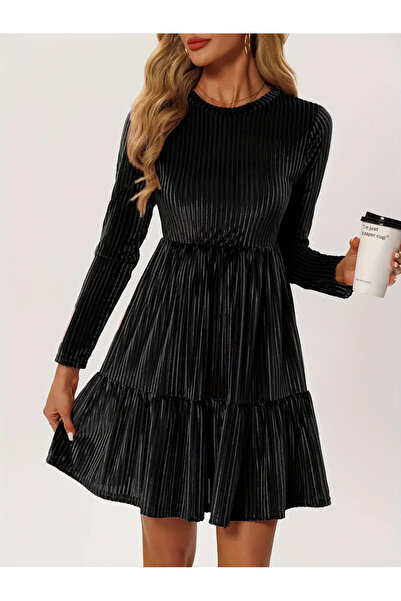 StilVibe Rochie mini elegantă cu mâneci lungi, cu textura de catifea plisată neagră