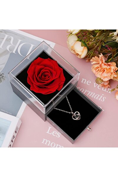 CITTA مجموعة هدايا من قلادة وردة حمراء محفوظة وقلب - وردة حقيقية أبدية مع عبا...