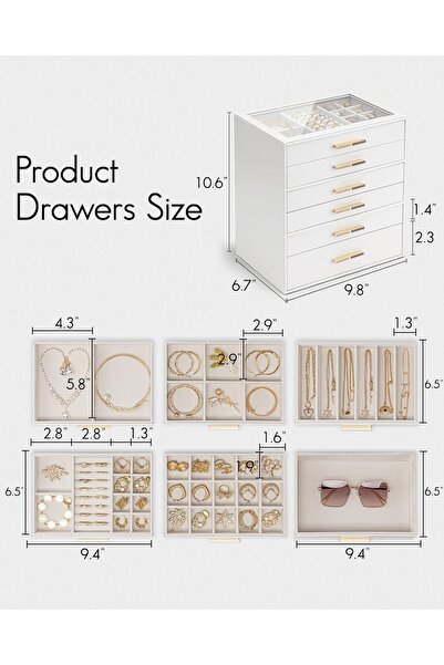 VLANDO Jewelry Box for Women, Jewelry Organizer with 6 Drawers for Necklaces Rings Earrings Bracelet