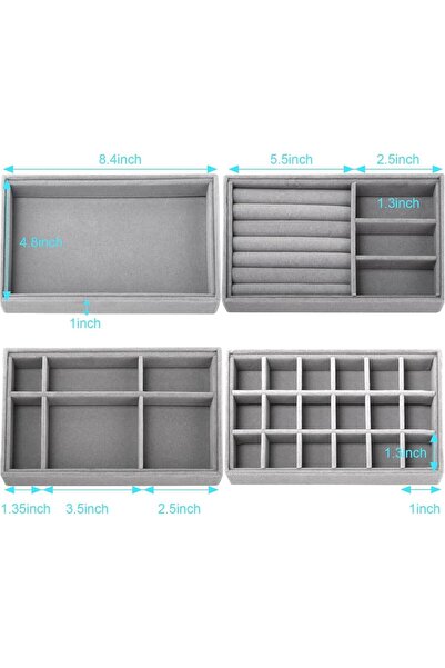 HOUSLET 4 Pcs Stackable Velvet Jewelry Tray Organizer Drawer Inserts (Grey)