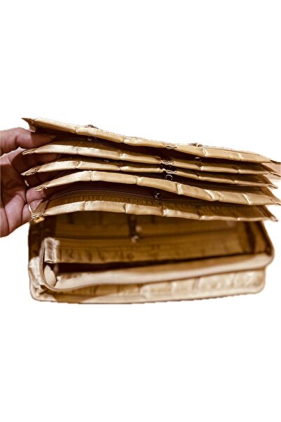 Generic Satin Fabric Jewelry Organizer with 6 Pouches, 25x20x8 cm (Golden)