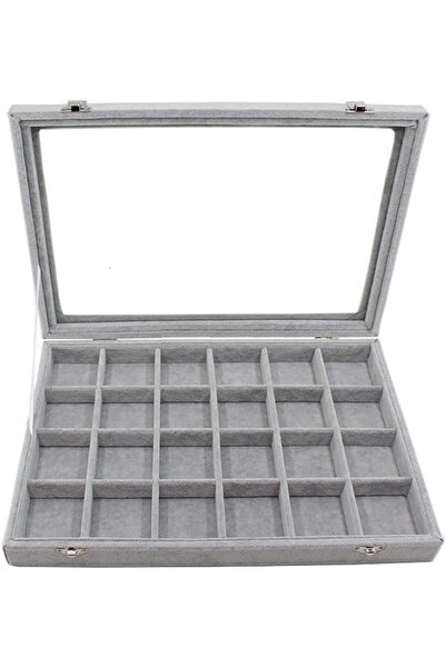SKEIDO 24-Grids Velvet Jewelry Box with Glass Lid, 35 x 24 x 5 cm