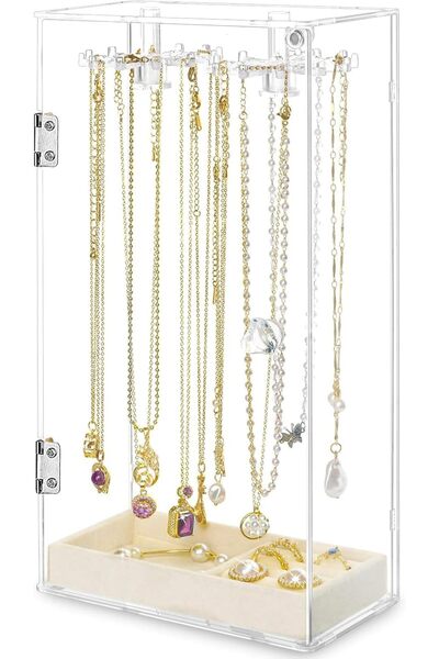 Yelajoy 24-Hook Acrylic Necklace Holder Organizer with Detachable Velvet Tray