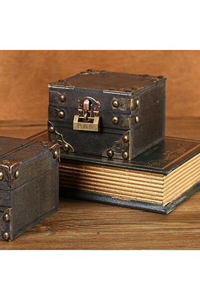 Fdit Large Jewelry Box – Antique Dark Grey Wood with Metal Lock and Key