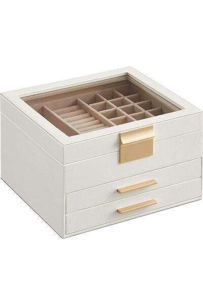 KASTWAVE Elegant 3 Layer Jewelry Box with Glass Lid and 2 Drawers