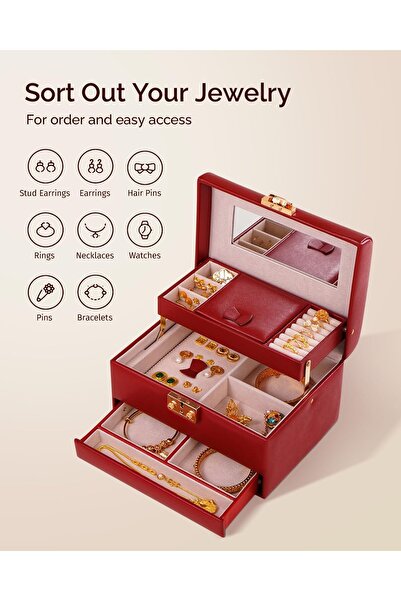 CASEGRACE Jewelry Box, 3-Layer Leather Jewelry Storage Box (Red)