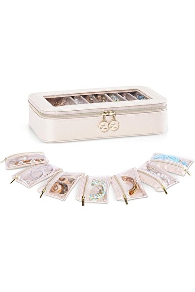 Lolalet 8-in-1 Travel Jewelry Case with Velvet Pouches, Clear Window - Beige,...