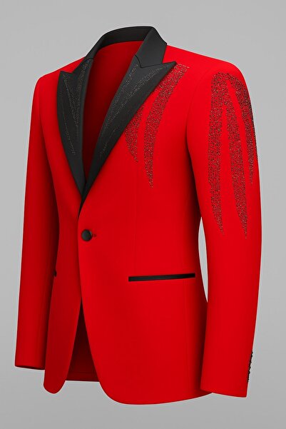 Plus Scorpion Ανδρικό μπλέιζερ με λεπτομέρεια από μαύρη πέτρα και σατέν γιακά – Ειδικό σχέδιο κομψό κοστούμι γαμπρού & βραδινό συνδυασμό