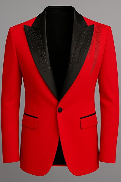 Plus Scorpion Ανδρικό μπλέιζερ με λεπτομέρεια από μαύρη πέτρα και σατέν γιακά – Ειδικό σχέδιο κομψό κοστούμι γαμπρού & βραδινό συνδυασμό