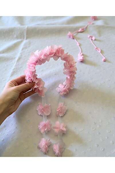 BTRENDY Pembe çiçek detaylı uzun şeritli taç,özel gün anne,çocuk,nedime,lohus...
