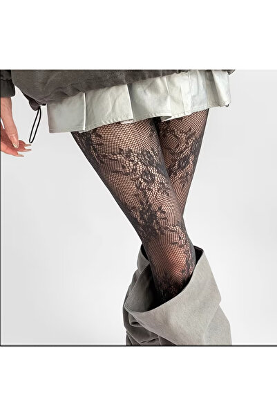 Zess store Zess French Retro Lace Rose Pattern Pantyhose