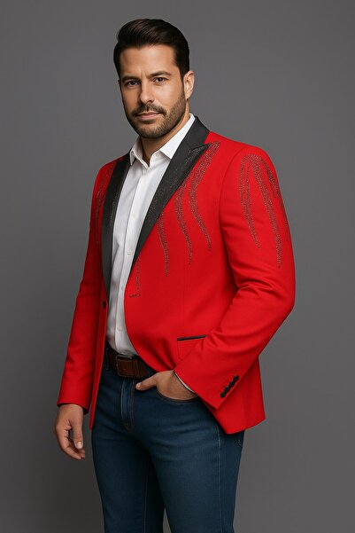 Plus Scorpion Ανδρικό μπλέιζερ με λεπτομέρεια από μαύρη πέτρα και σατέν γιακά – Ειδικό σχέδιο κομψό κοστούμι γαμπρού & βραδινό συνδυασμό