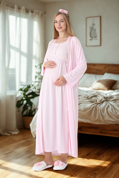 bigmama طقم بيجامة للحوامل من باودر - روب نوم، قطن قماش قابل للتمدد، خروج من ...