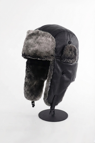 Kapin قبعة طيار من الجلد الأسود مع أذنين من الفرو